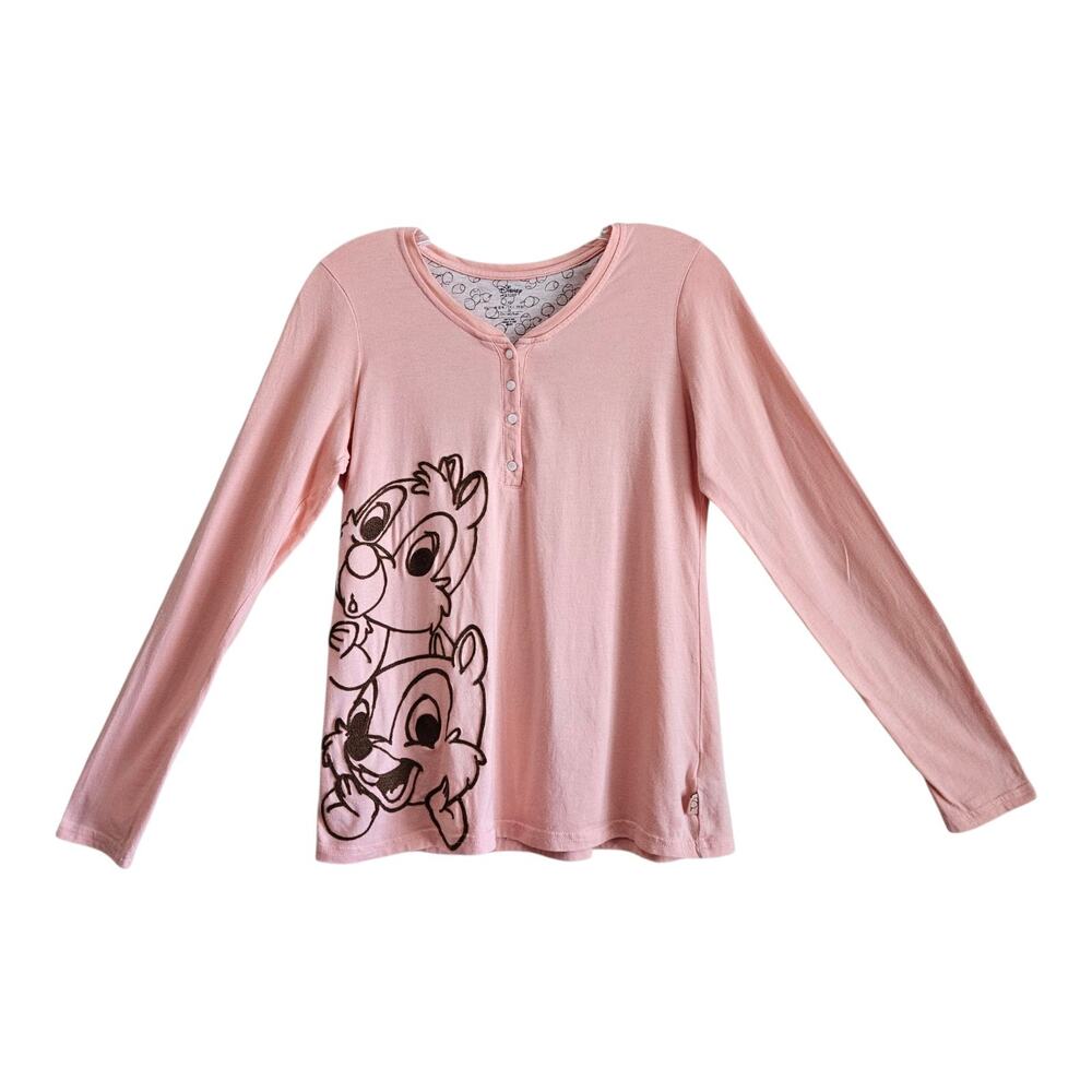DISNEY STORE Women's XS Henley Top Embroidered Chipmunks Chip & Dale Coral 34"